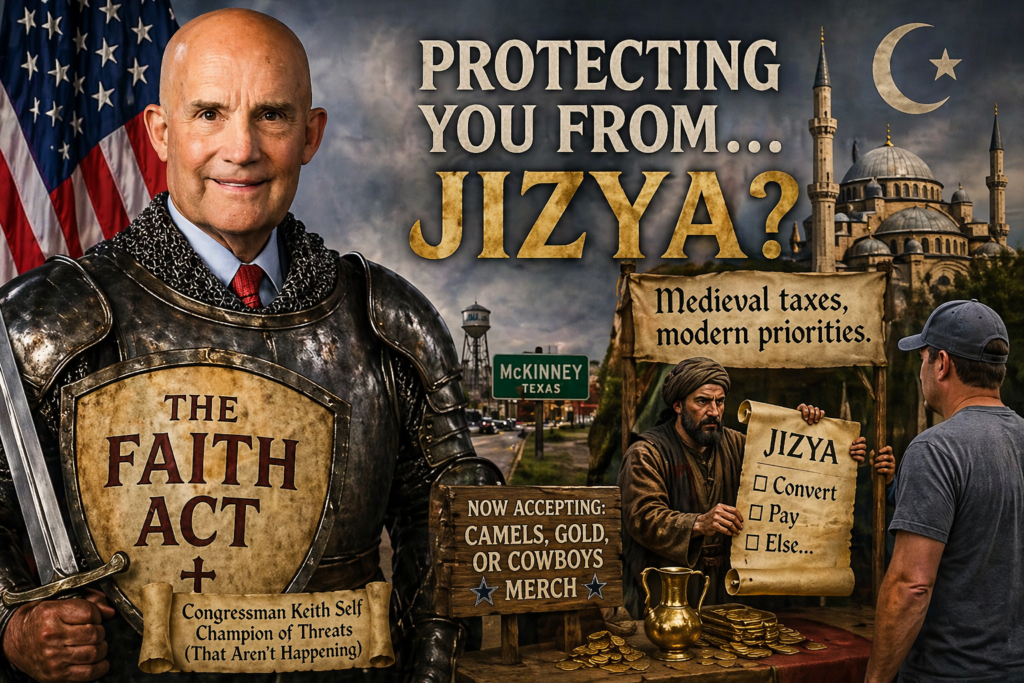 Feature image showing Congressman Keith Self depicted in medieval-style armor alongside imagery referencing his FAITH Act proposal and the concept of a “jizya” tax in North Texas.