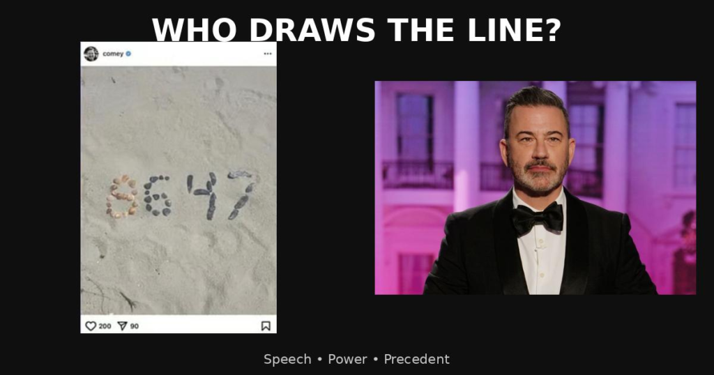Seashell “8647” image and Jimmy Kimmel side by side highlighting debate over free speech, government power, and where the line is drawn. When the guardrails start to Rattle in Collin County