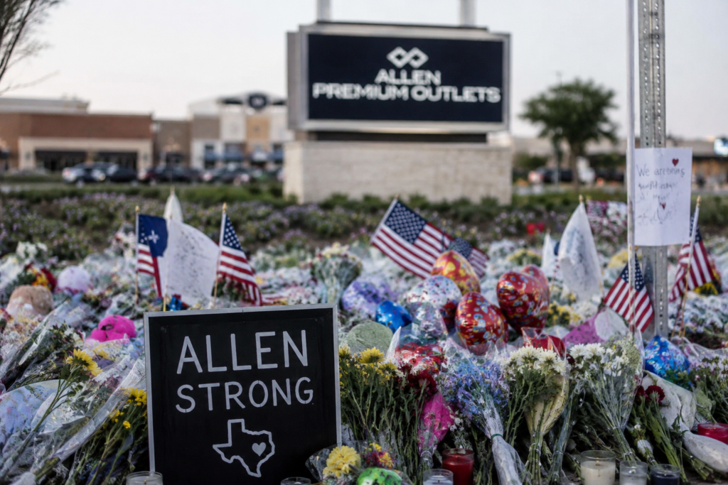 Memorial flowers, candles, and “Allen Strong” tributes displayed outside Allen Premium Outlets following the 2023 mass shooting in Allen, Texas.
