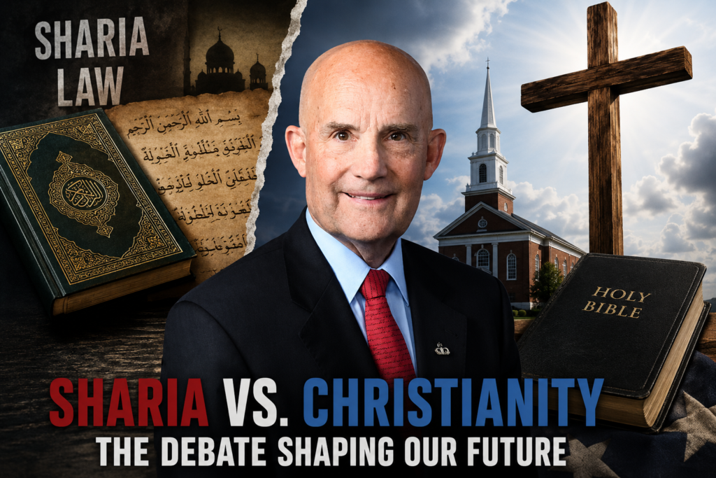 Composite image of Congressman Keith Self between imagery representing Christianity and Sharia-related political debate, illustrating discussion over culture-war messaging and priorities in Texas’ 3rd Congressional District.