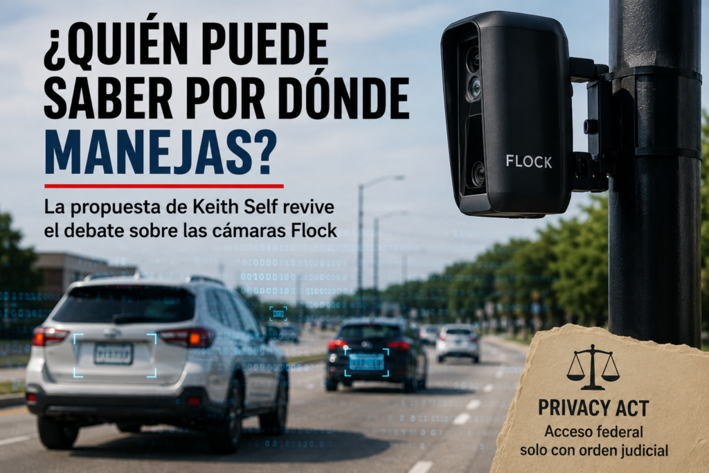 Cámara Flock instalada sobre una avenida mientras varios vehículos circulan. La imagen ilustra el debate sobre la privacidad, la vigilancia mediante lectores de placas y la propuesta del congresista Keith Self para exigir una orden judicial antes del acceso federal a ciertos datos.