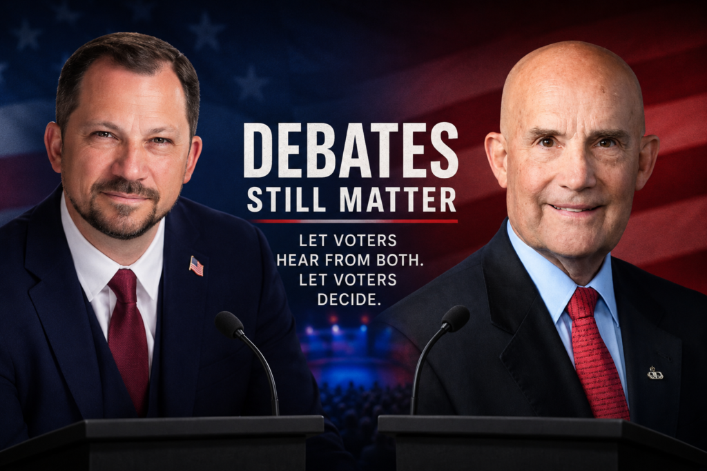 Composite editorial image showing Democratic congressional candidate Evan Hunt and Republican Congressman Keith Self standing behind debate podiums against an American flag backdrop, illustrating the question of whether public debates still matter in modern political campaigns to Voters.