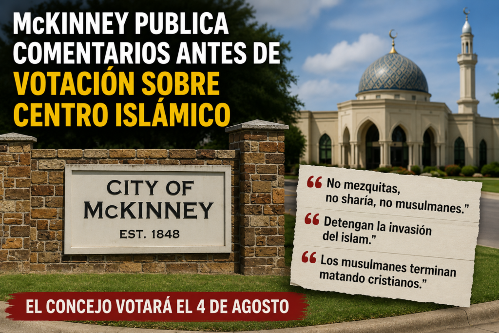 Ilustración editorial con el letrero de la Ciudad de McKinney y la imagen de una mezquita, acompañada de un titular en español sobre los comentarios públicos presentados antes de la votación del Concejo Municipal sobre el proyecto de un centro islámico.