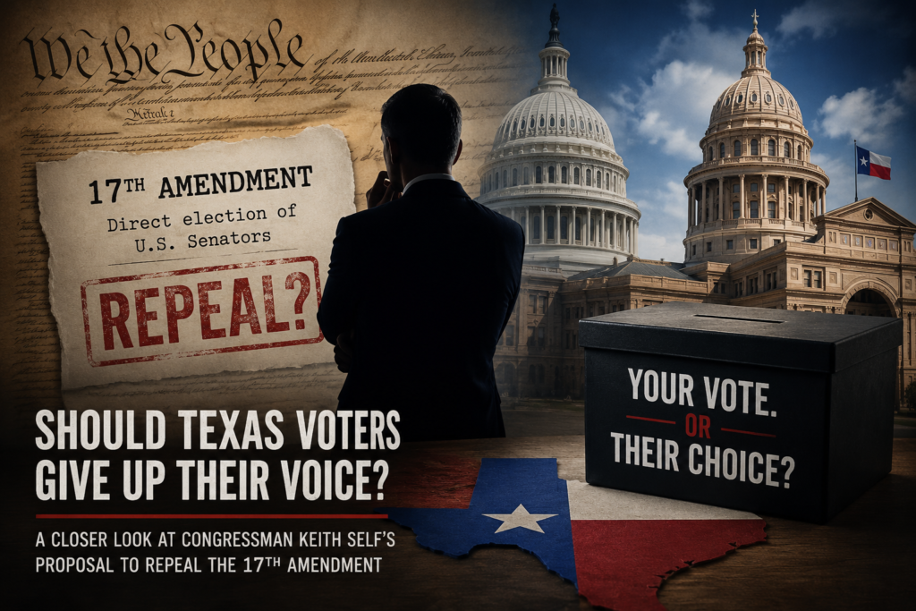 Illustration showing the U.S. Constitution, the U.S. Capitol, the Texas State Capitol and a ballot box representing the debate over Congressman Keith Self's proposal to repeal the 17th Amendment and end the direct election of U.S. senators.