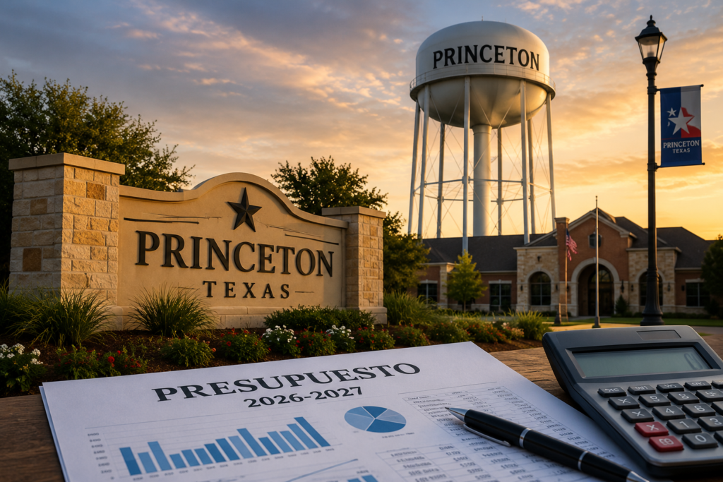 Vista del letrero de Princeton y la torre de agua junto a un informe de presupuesto, representando el debate sobre las finanzas y el presupuesto de la ciudad para 2027.
