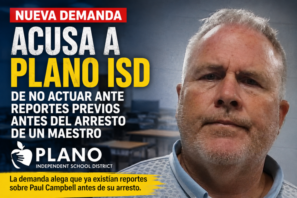 Fotografía de ficha policial de Paul Campbell junto a un diseño gráfico sobre una demanda civil que alega que Plano ISD no actuó tras recibir reportes previos antes de su arresto.