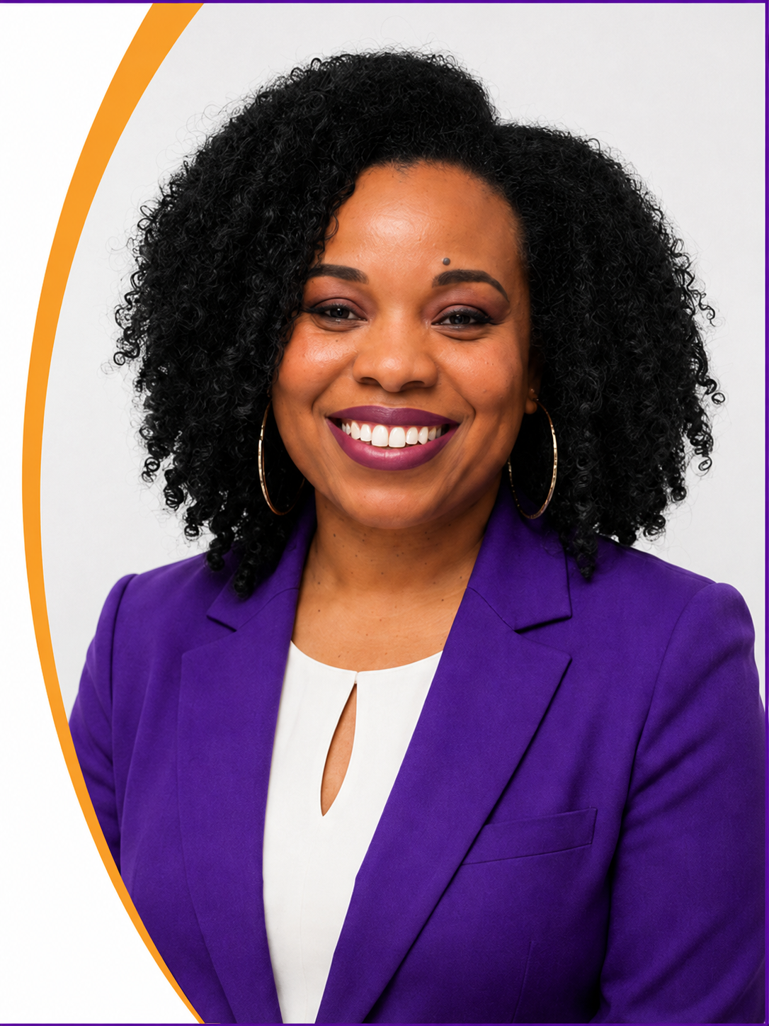 Campaign headshot of Dr. Fatima La'Juan Muse wearing a purple blazer and smiling at the camera.